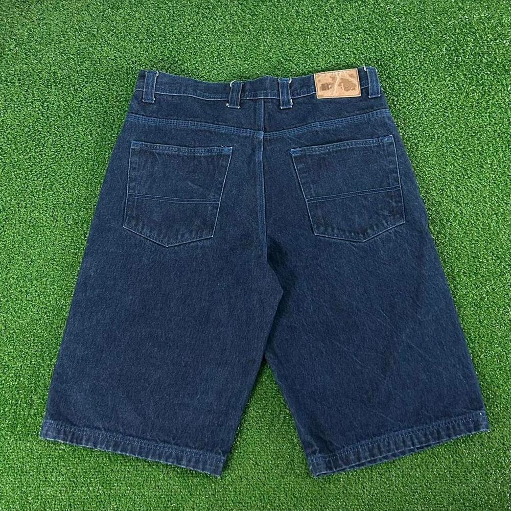 Y2K Risk Jeans Co Baggy Wide Leg Dark Wash Denim Blue Jean Shorts